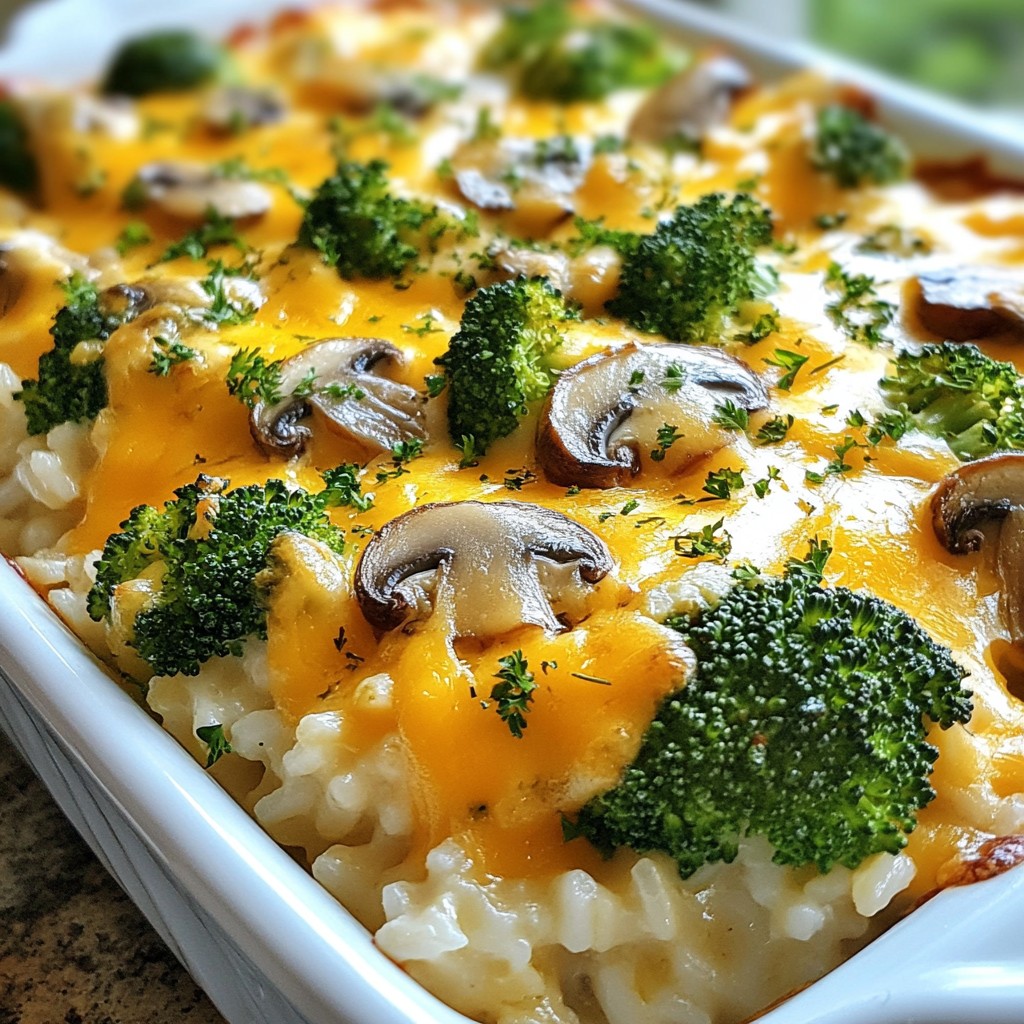 Cheesy Mushroom and Broccoli Rice Casserole Delight